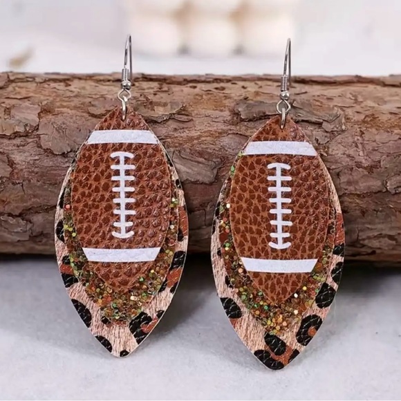 🏈 New! Layered Leopard Glitter PU Leather Football Dangle Earrings - Picture 1 of 7
